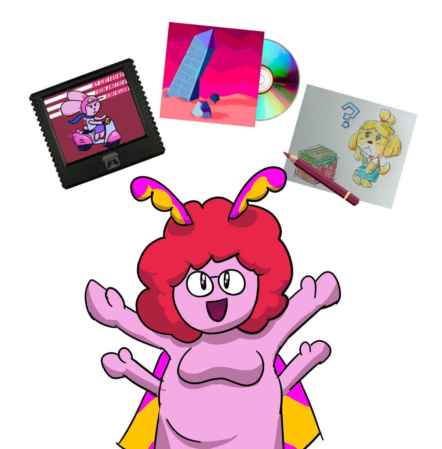 Arora the Moth, holding up a game, an album, and a drawing she's made.